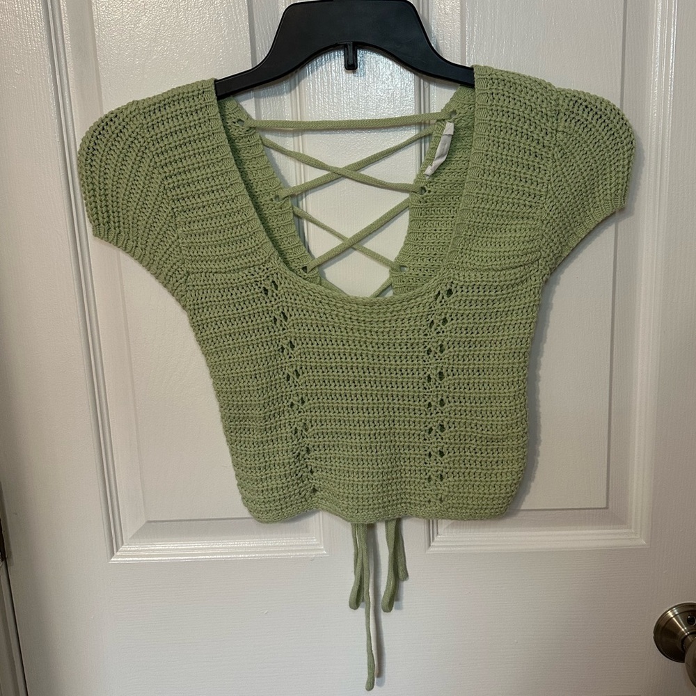 Double Zero Sage Green Knit Womens Lace-Up Crop Top S‎ Crochet Stretchy Indie
